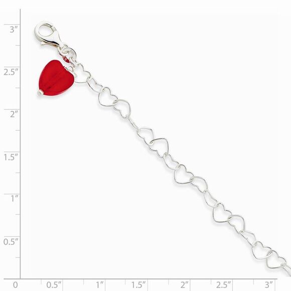 Sterling Silver Orange Red Crystal Heart Link Anklet, 10 Inch - Picture 3 of 5